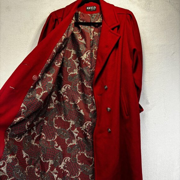Vintage 90s Jofeld Double Breasted Red Wool Coat Womens XL Paisley Long Relaxed - Picture 15 of 16